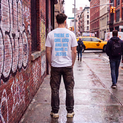 Zion Movement Boxy Tee with sky blue logo, back graphic: There is one God and His name is Jesus